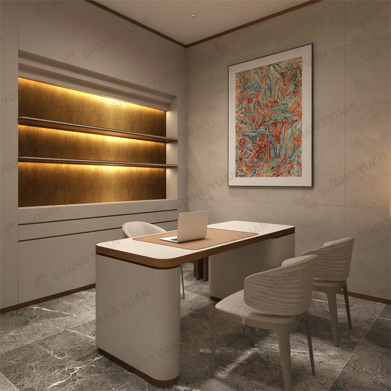 Private VIP consultation room with warm wood accents and custom multi-level wall displays for jewelry retail